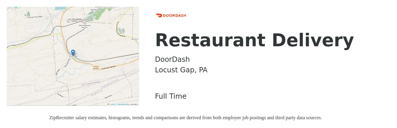 DoorDash job posting for a Restaurant Delivery in Locust Gap, PA with a salary of $12 to $18 Hourly with a map of Locust Gap location.