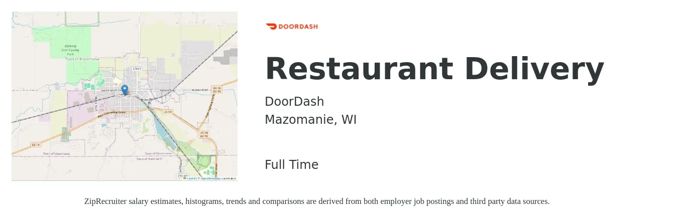 DoorDash job posting for a Restaurant Delivery in Mazomanie, WI with a salary of $12 to $20 Hourly with a map of Mazomanie location.