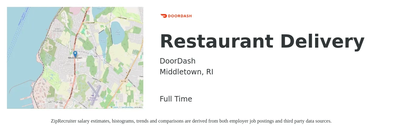 DoorDash job posting for a Restaurant Delivery in Middletown, RI with a salary of $12 to $20 Hourly with a map of Middletown location.