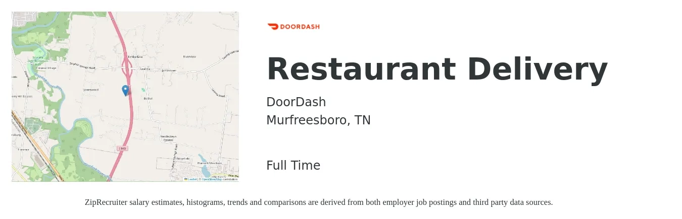 DoorDash job posting for a Restaurant Delivery in Murfreesboro, TN with a salary of $11 to $18 Hourly with a map of Murfreesboro location.