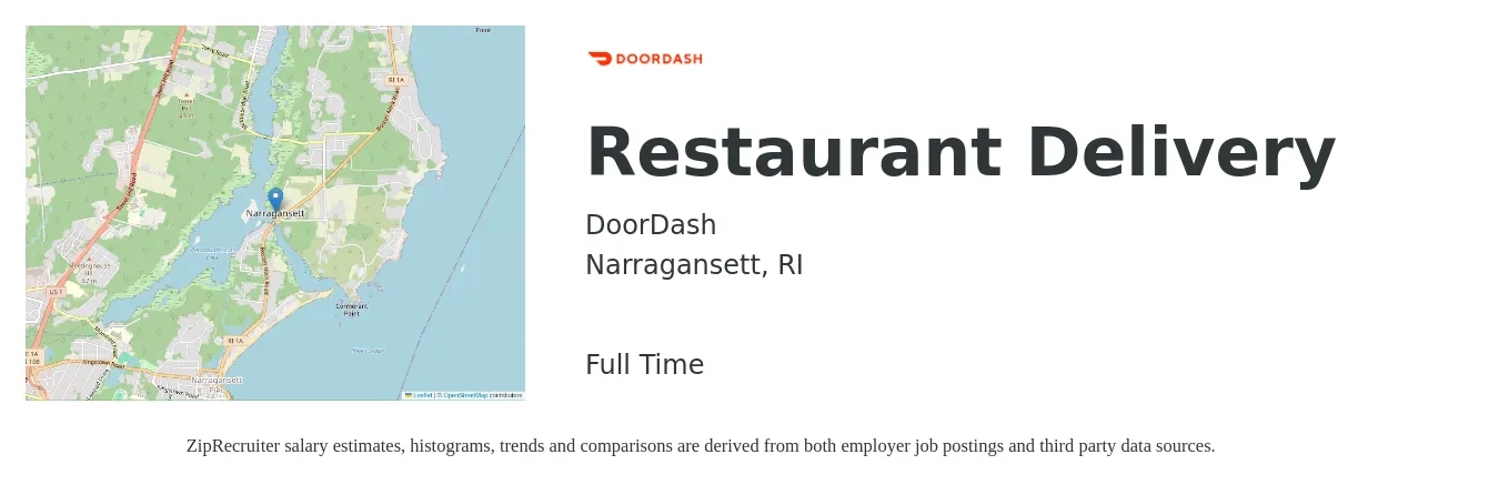DoorDash job posting for a Restaurant Delivery in Narragansett, RI with a salary of $12 to $20 Hourly with a map of Narragansett location.
