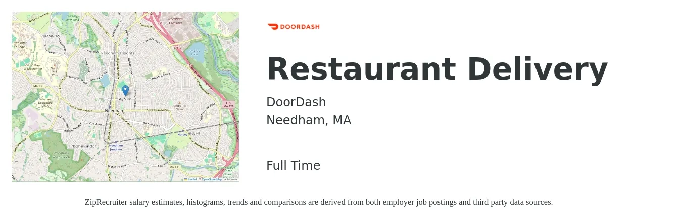 DoorDash job posting for a Restaurant Delivery in Needham, MA with a salary of $18 to $21 Hourly with a map of Needham location.
