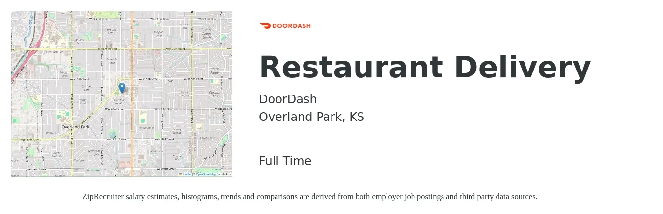 DoorDash job posting for a Restaurant Delivery in Overland Park, KS with a salary of $12 to $19 Hourly with a map of Overland Park location.