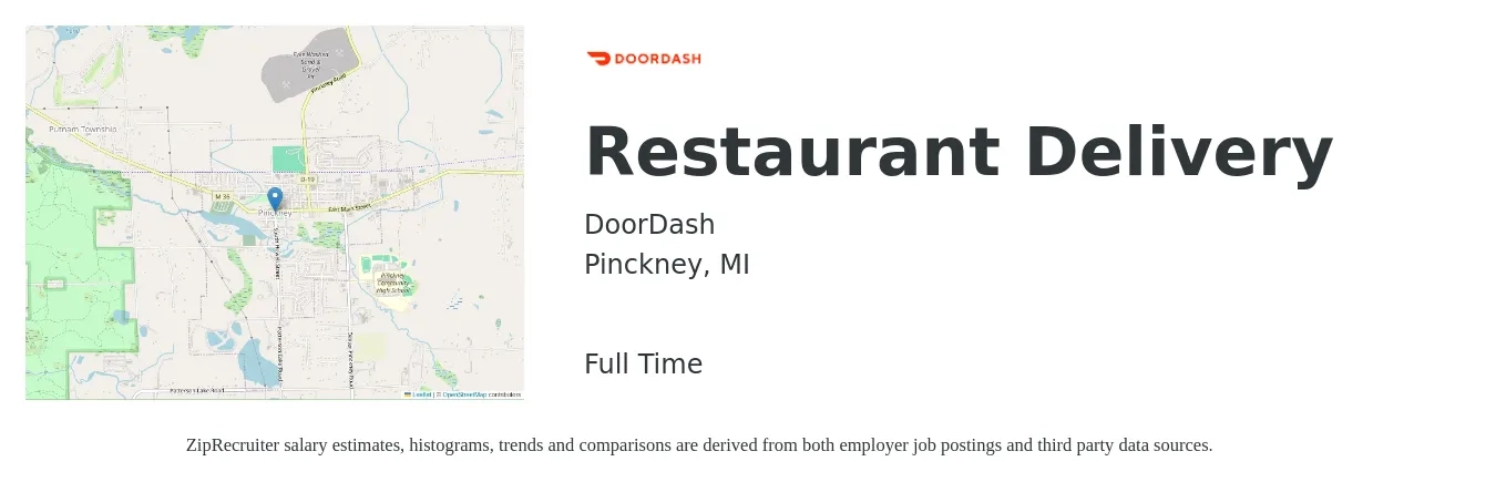 DoorDash job posting for a Restaurant Delivery in Pinckney, MI with a salary of $12 to $19 Hourly with a map of Pinckney location.