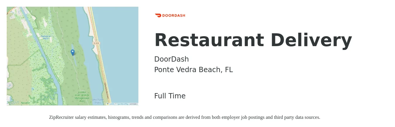 DoorDash job posting for a Restaurant Delivery in Ponte Vedra Beach, FL with a salary of $12 to $18 Hourly with a map of Ponte Vedra Beach location.