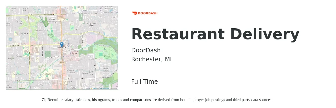 DoorDash job posting for a Restaurant Delivery in Rochester, MI with a salary of $12 to $18 Hourly with a map of Rochester location.
