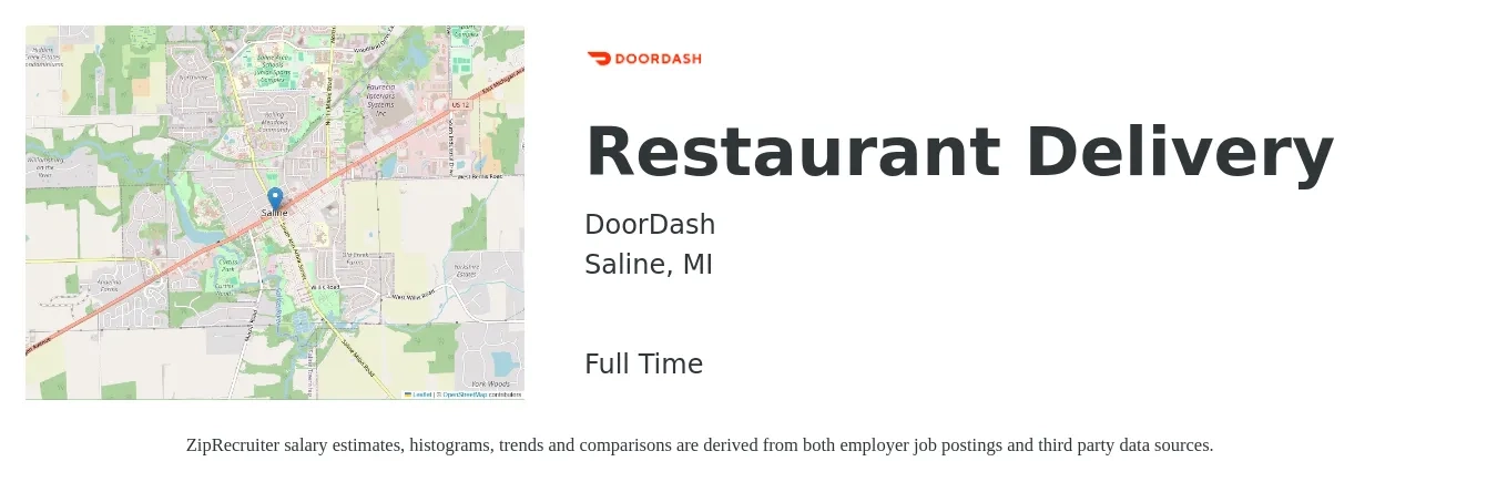 DoorDash job posting for a Restaurant Delivery in Saline, MI with a salary of $11 to $18 Hourly with a map of Saline location.
