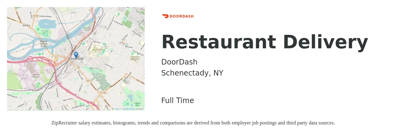 DoorDash job posting for a Restaurant Delivery in Schenectady, NY with a salary of $13 to $20 Hourly with a map of Schenectady location.