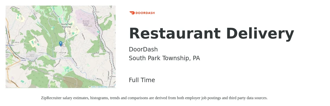DoorDash job posting for a Restaurant Delivery in South Park Township, PA with a salary of $12 to $19 Hourly with a map of South Park Township location.