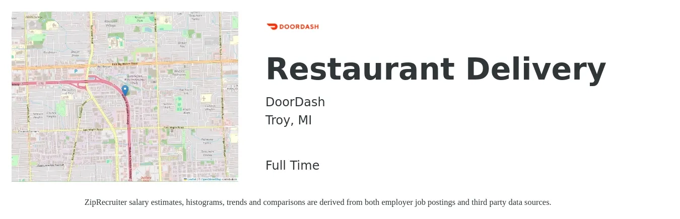 DoorDash job posting for a Restaurant Delivery in Troy, MI with a salary of $12 to $19 Hourly with a map of Troy location.