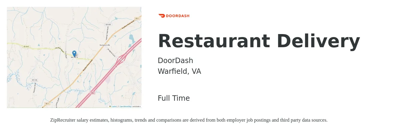 DoorDash job posting for a Restaurant Delivery in Warfield, VA with a salary of $12 to $20 Hourly with a map of Warfield location.
