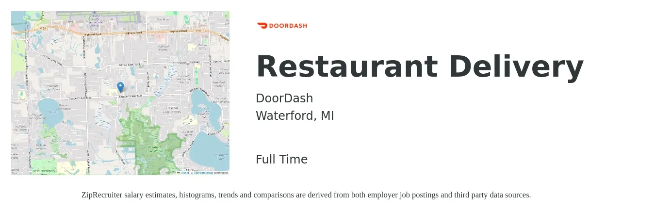 DoorDash job posting for a Restaurant Delivery in Waterford, MI with a salary of $11 to $18 Hourly with a map of Waterford location.