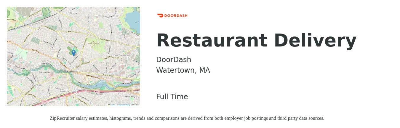 DoorDash job posting for a Restaurant Delivery in Watertown, MA with a salary of $14 to $22 Hourly with a map of Watertown location.