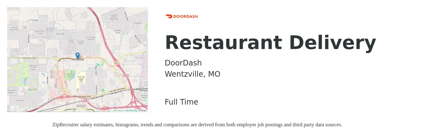 DoorDash job posting for a Restaurant Delivery in Wentzville, MO with a salary of $12 to $19 Hourly with a map of Wentzville location.