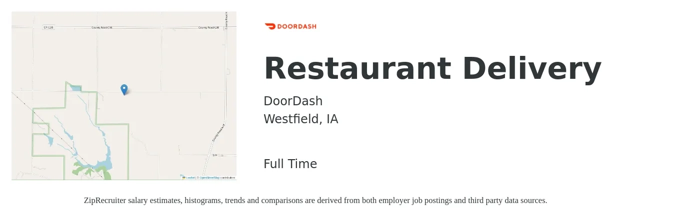 DoorDash job posting for a Restaurant Delivery in Westfield, IA with a salary of $12 to $20 Hourly with a map of Westfield location.