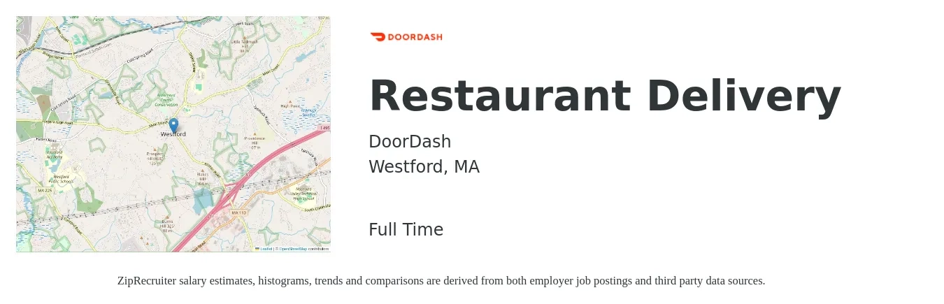 DoorDash job posting for a Restaurant Delivery in Westford, MA with a salary of $13 to $21 Hourly with a map of Westford location.