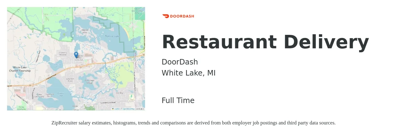 DoorDash job posting for a Restaurant Delivery in White Lake, MI with a salary of $12 to $18 Hourly with a map of White Lake location.