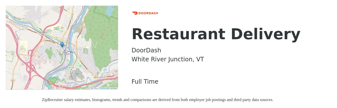 DoorDash job posting for a Restaurant Delivery in White River Junction, VT with a salary of $12 to $19 Hourly with a map of White River Junction location.