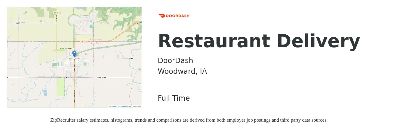 DoorDash job posting for a Restaurant Delivery in Woodward, IA with a salary of $12 to $20 Hourly with a map of Woodward location.