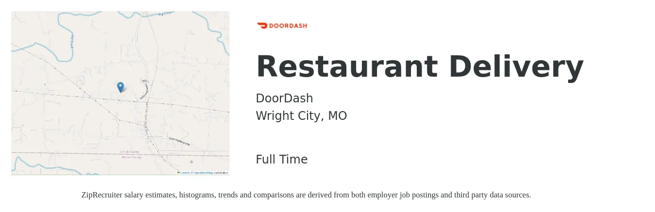 DoorDash job posting for a Restaurant Delivery in Wright City, MO with a salary of $12 to $19 Hourly with a map of Wright City location.
