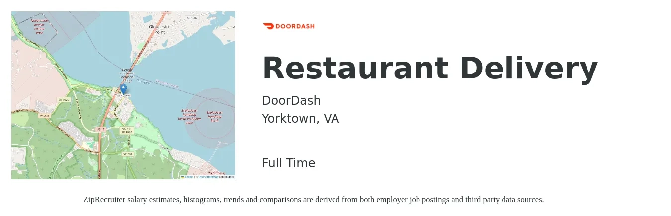 DoorDash job posting for a Restaurant Delivery in Yorktown, VA with a salary of $11 to $18 Hourly with a map of Yorktown location.