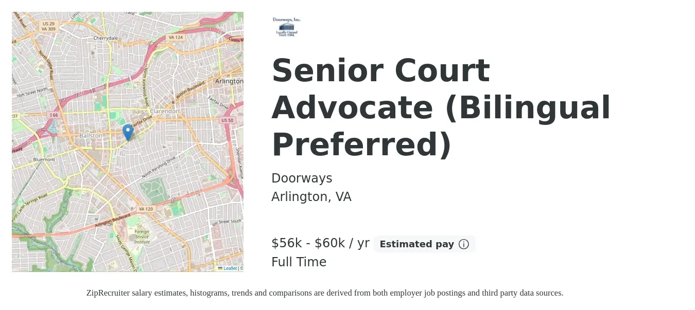 Doorways job posting for a Senior Court Advocate (Bilingual Preferred) in Arlington, VA with a salary of $56,000 to $60,000 Yearly with a map of Arlington location.