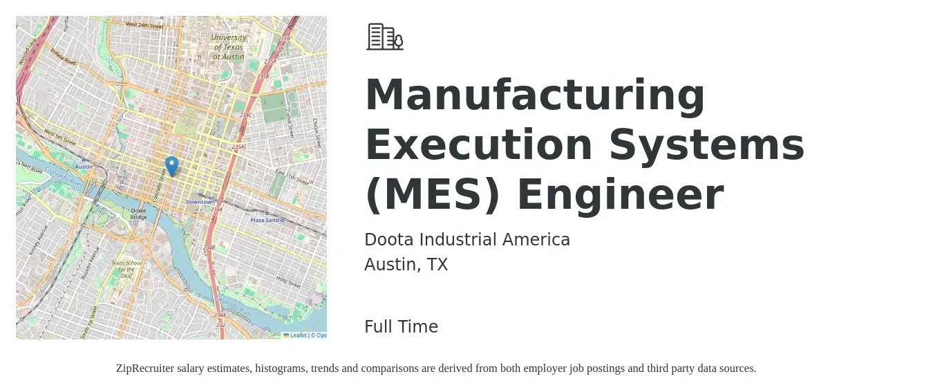 Doota Industrial America job posting for a Manufacturing Execution Systems (MES) Engineer in Austin, TX with a salary of $84,300 to $141,200 Yearly with a map of Austin location.