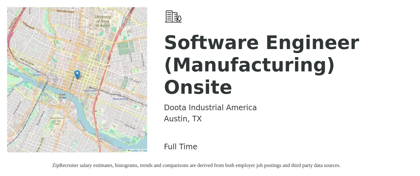Doota Industrial America job posting for a Software Engineer (Manufacturing) Onsite in Austin, TX with a salary of $89,200 to $107,500 Yearly with a map of Austin location.