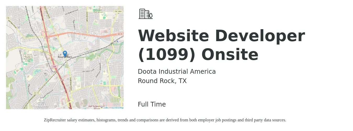 Doota Industrial America job posting for a Website Developer (1099) Onsite in Round Rock, TX with a salary of $34 to $53 Hourly with a map of Round Rock location.