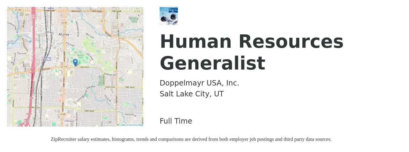 Doppelmayr USA, Inc. job posting for a Human Resources Generalist in Salt Lake City, UT with a salary of $50,500 to $71,900 Yearly with a map of Salt Lake City location.