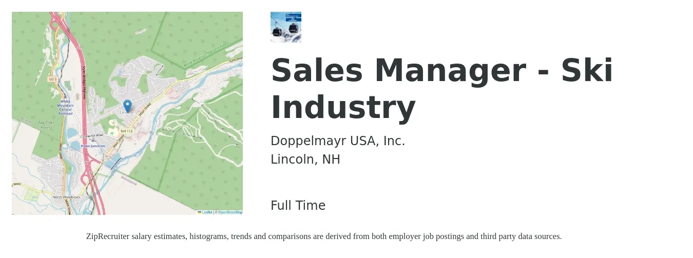 Doppelmayr USA, Inc. job posting for a Sales Manager - Ski Industry in Lincoln, NH with a salary of $44,600 to $95,700 Yearly with a map of Lincoln location.