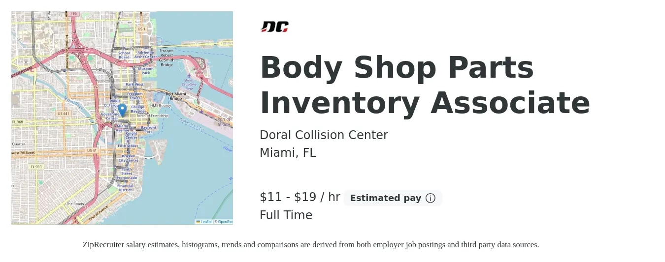 Doral Collision Center job posting for a Body Shop Parts Inventory Associate in Miami, FL with a salary of $12 to $20 Hourly with a map of Miami location.