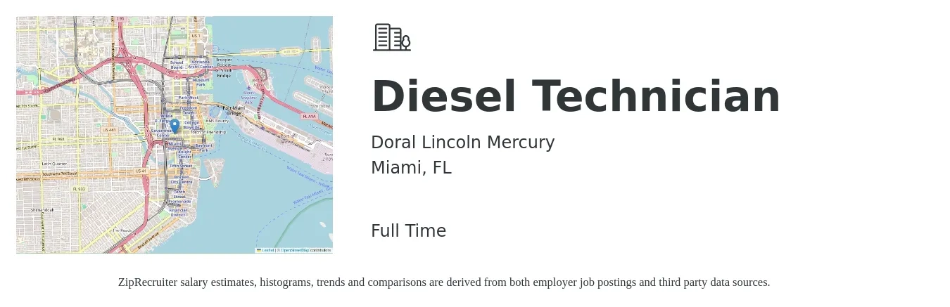 Doral Lincoln Mercury job posting for a Diesel Technician in Miami, FL with a salary of $25 to $36 Hourly with a map of Miami location.