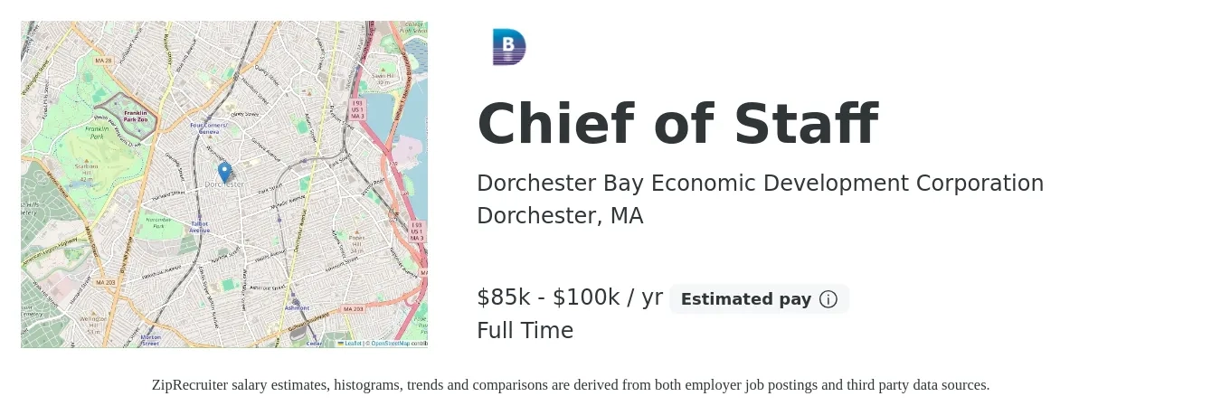 Dorchester Bay Economic Development Corporation job posting for a Chief of Staff in Dorchester, MA with a salary of $85,000 to $100,000 Yearly with a map of Dorchester location.