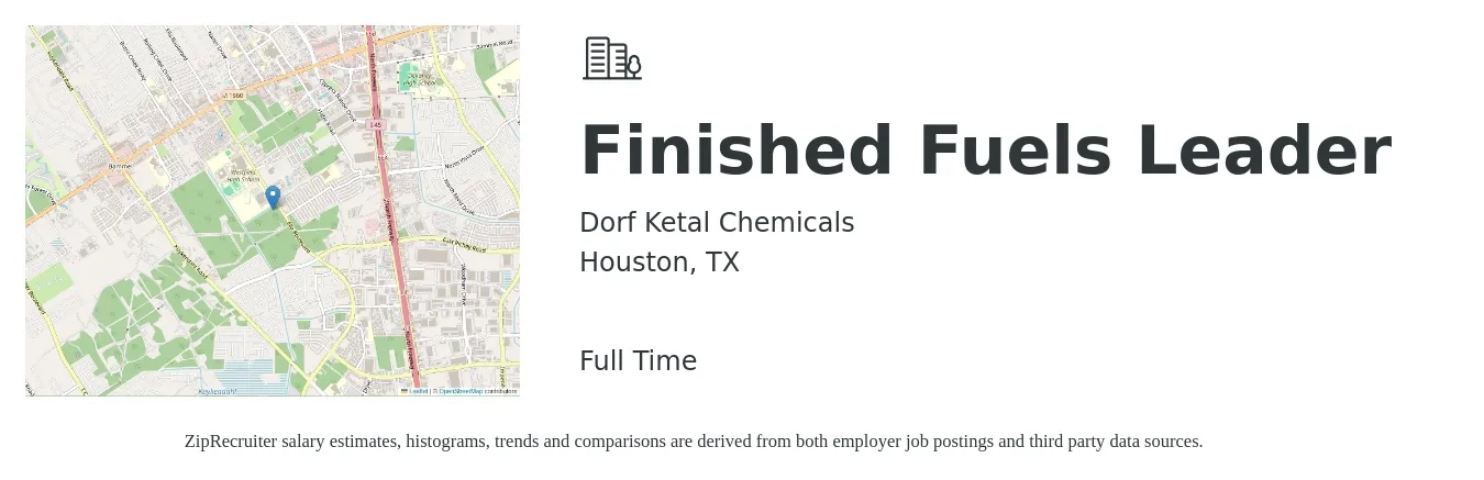 Dorf Ketal Chemicals job posting for a Finished Fuels Leader in Houston, TX with a salary of $41,700 to $74,100 Yearly with a map of Houston location.