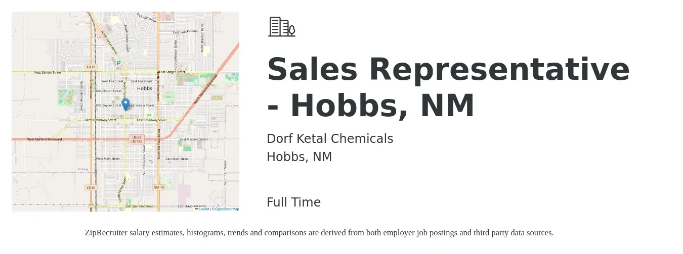 Dorf Ketal Chemicals job posting for a Sales Representative - Hobbs, NM in Hobbs, NM with a salary of $46,400 to $80,700 Yearly with a map of Hobbs location.