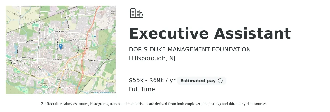 DORIS DUKE MANAGEMENT FOUNDATION job posting for a Executive Assistant in Hillsborough, NJ with a salary of $55,200 to $69,000 Yearly with a map of Hillsborough location.