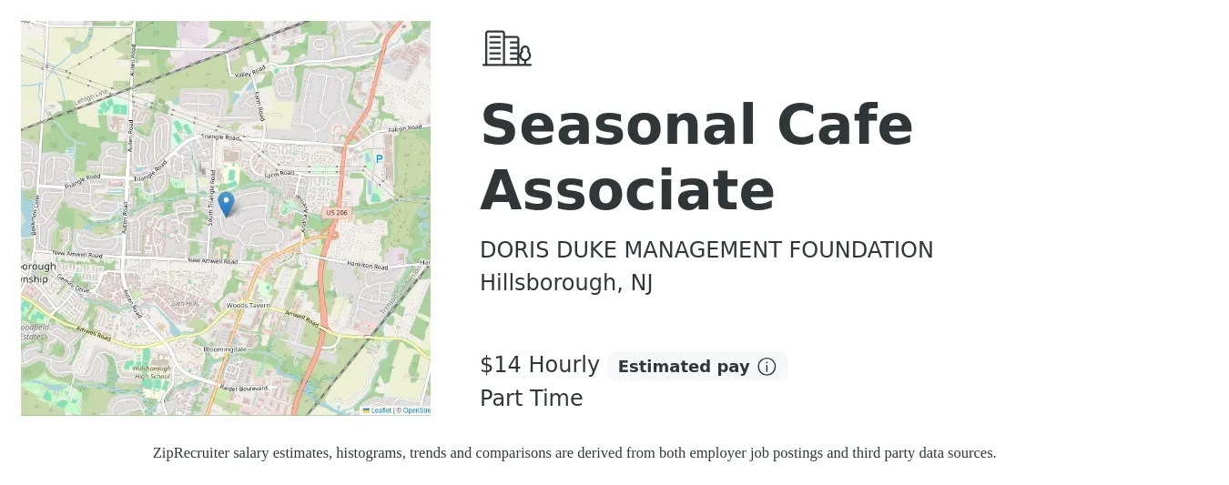 DORIS DUKE MANAGEMENT FOUNDATION job posting for a Seasonal Cafe Associate in Hillsborough, NJ with a salary of $16 Hourly with a map of Hillsborough location.