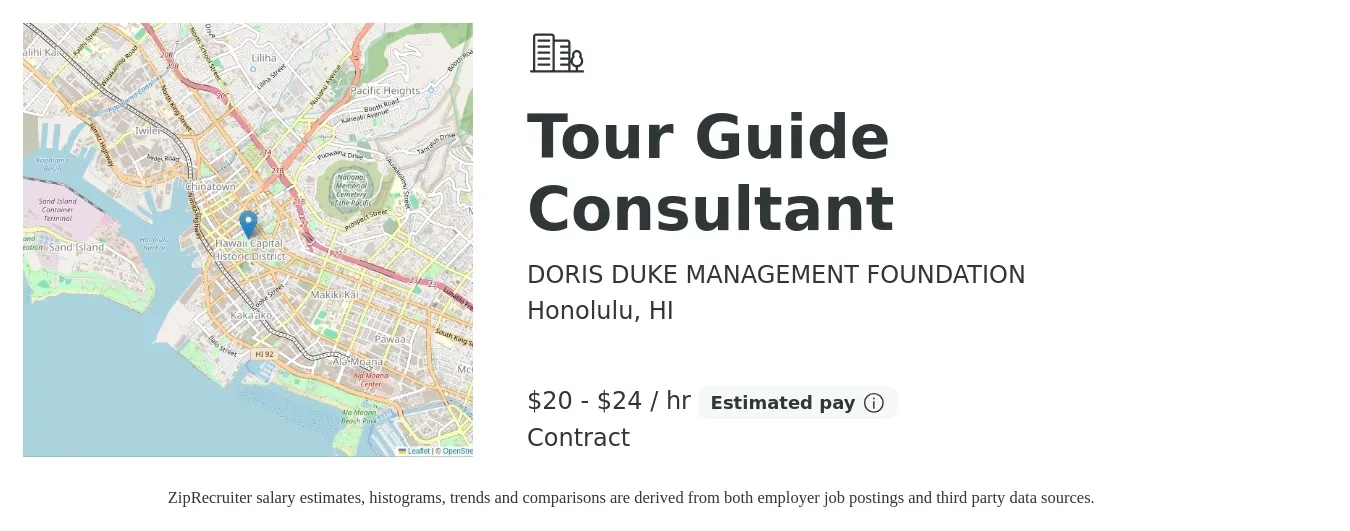 DORIS DUKE MANAGEMENT FOUNDATION job posting for a Tour Guide Consultant in Honolulu, HI with a salary of $21 to $25 Hourly with a map of Honolulu location.