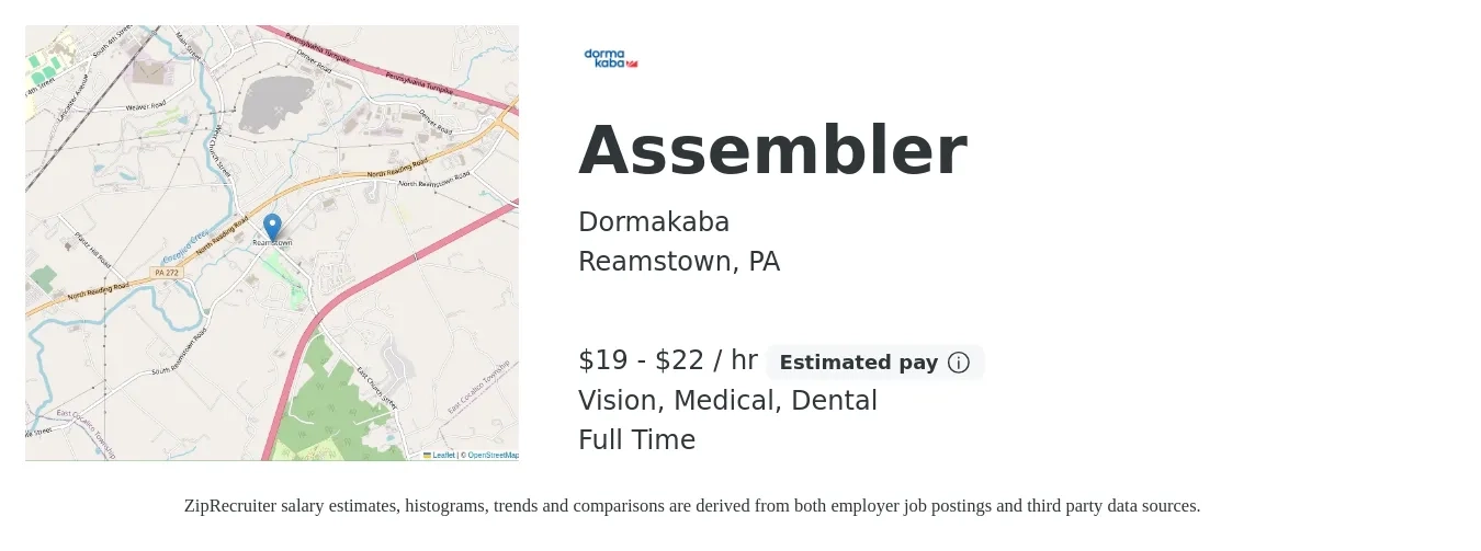 Dormakaba job posting for a Assembler in Reamstown, PA with a salary of $20 to $23 Hourly and benefits including life_insurance, medical, pto, retirement, vision, and dental with a map of Reamstown location.