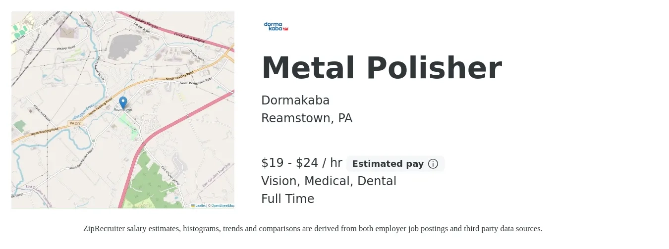 Dormakaba job posting for a Metal Polisher in Reamstown, PA with a salary of $20 to $25 Hourly and benefits including vision, dental, life_insurance, medical, pto, and retirement with a map of Reamstown location.