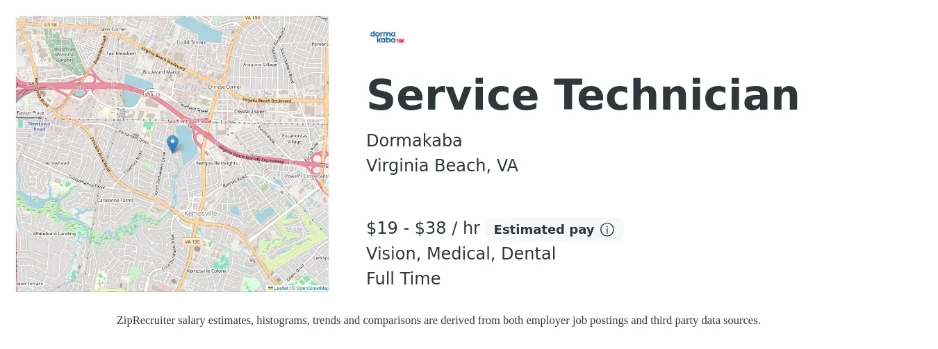 Dormakaba job posting for a Service Technician in Virginia Beach, VA with a salary of $20 to $40 Hourly and benefits including life_insurance, medical, pto, retirement, vision, and dental with a map of Virginia Beach location.