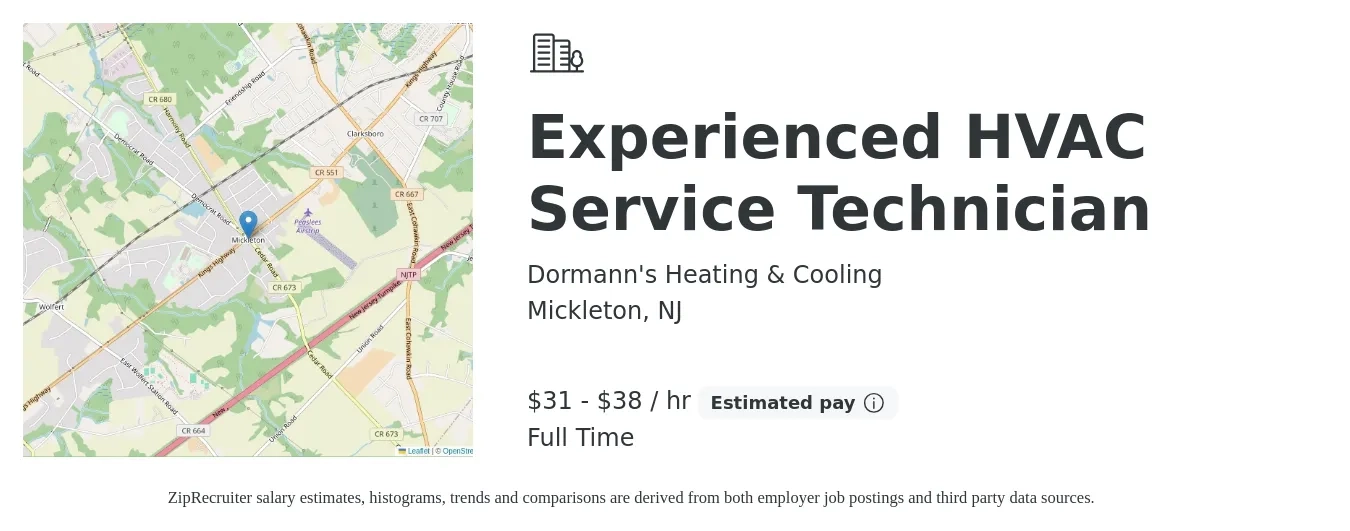 Dormann's Heating & Cooling job posting for a Experienced HVAC Service Technician in Mickleton, NJ with a salary of $33 to $40 Hourly with a map of Mickleton location.