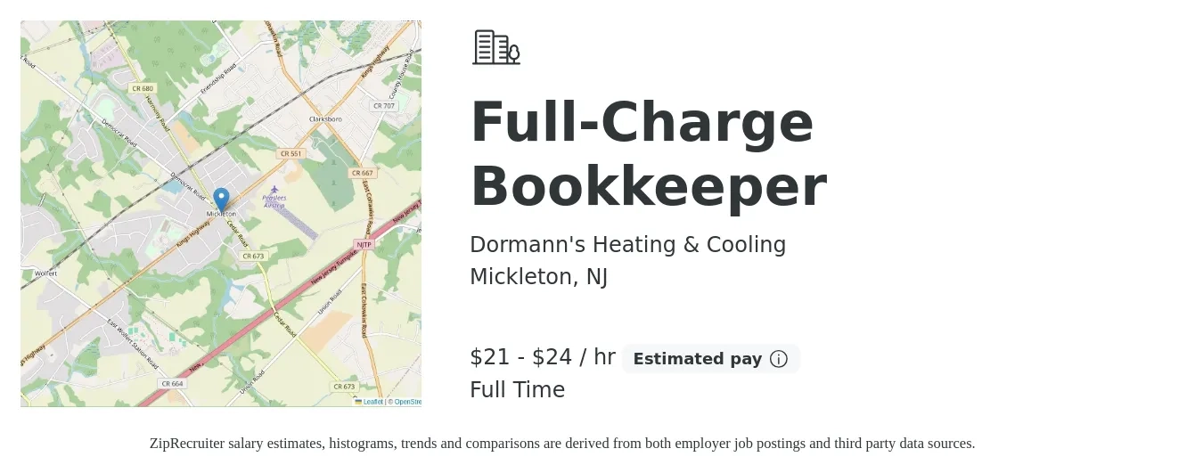 Dormann's Heating & Cooling job posting for a Full-Charge Bookkeeper in Mickleton, NJ with a salary of $22 to $25 Hourly with a map of Mickleton location.