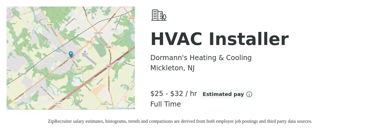 Dormann's Heating & Cooling job posting for a HVAC Installer in Mickleton, NJ with a salary of $26 to $34 Hourly with a map of Mickleton location.