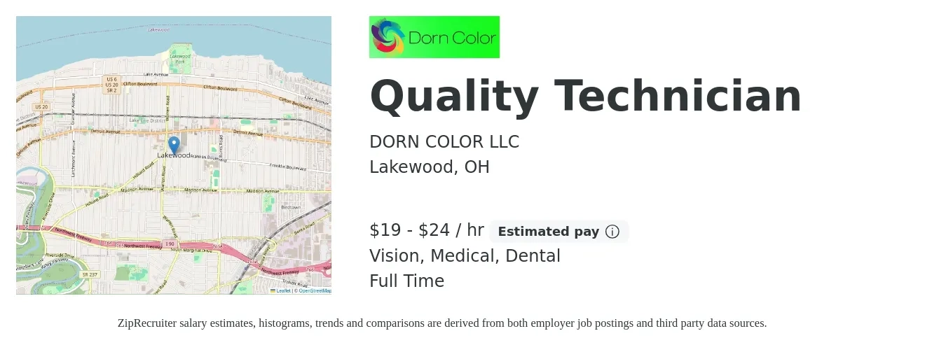 DORN COLOR LLC job posting for a Quality Technician in Lakewood, OH with a salary of $20 to $25 Hourly and benefits including life_insurance, medical, pto, retirement, vision, and dental with a map of Lakewood location.