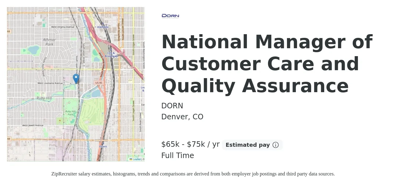 DORN job posting for a National Manager of Customer Care and Quality Assurance in Denver, CO with a salary of $65,000 to $75,000 Yearly with a map of Denver location.