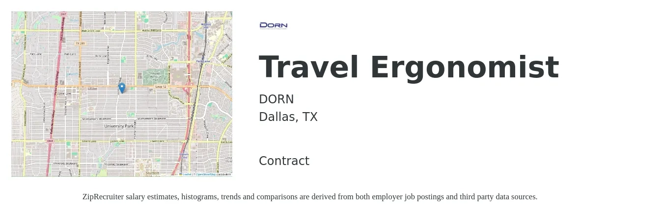DORN job posting for a Travel Ergonomist in Dallas, TX with a salary of $39 to $44 Hourly with a map of Dallas location.