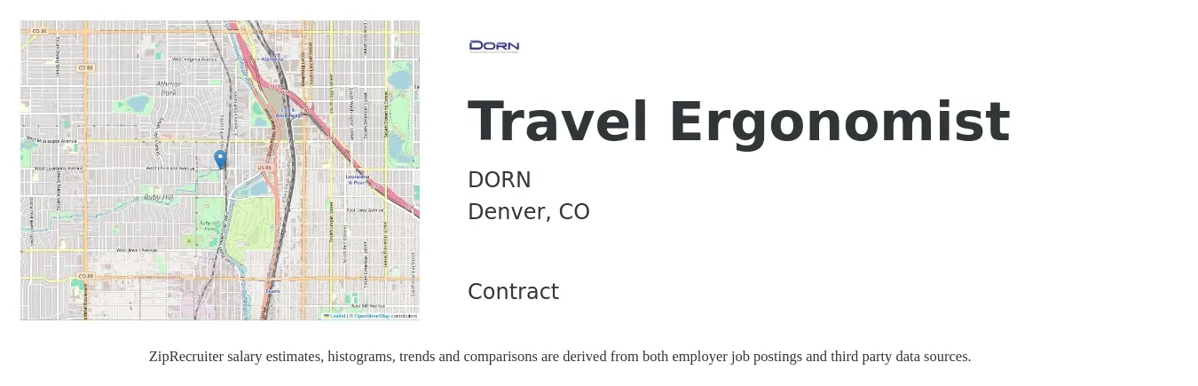 DORN job posting for a Travel Ergonomist in Denver, CO with a salary of $41 to $46 Hourly with a map of Denver location.