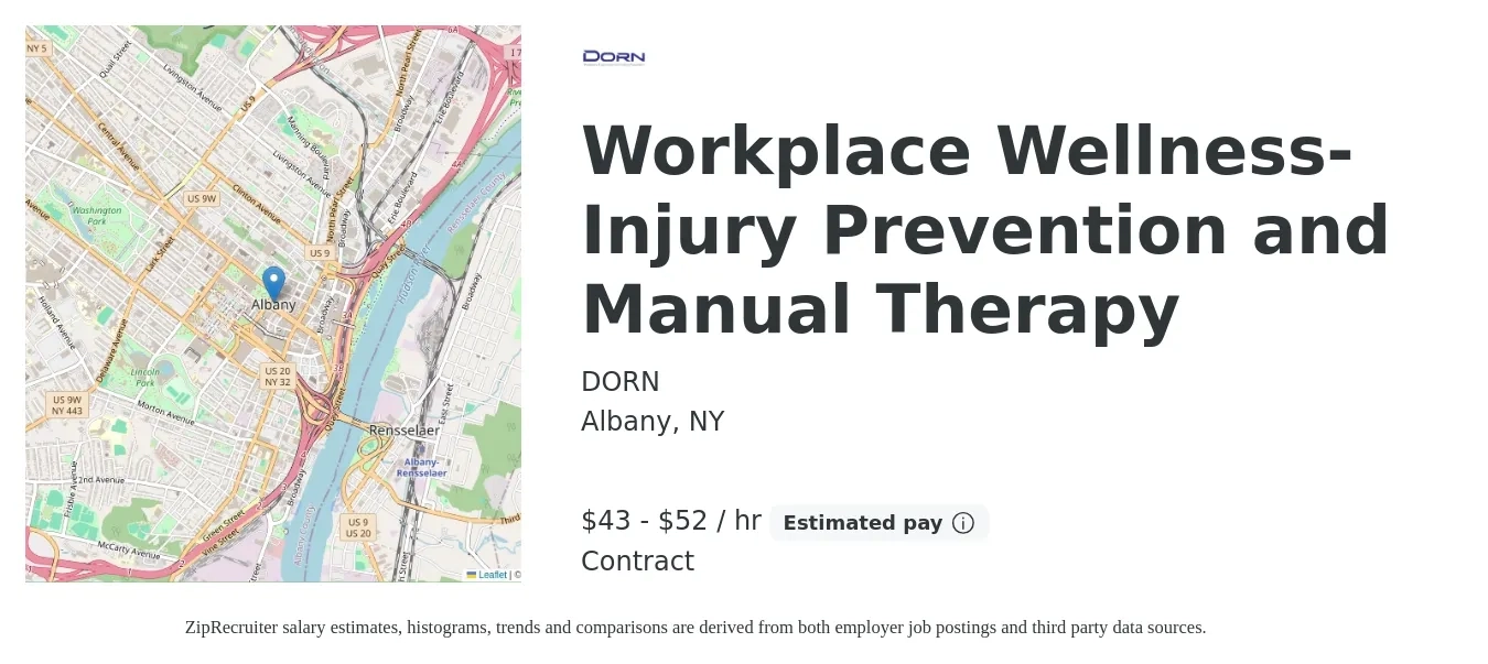 DORN job posting for a Workplace Wellness-Injury Prevention and Manual Therapy in Albany, NY with a salary of $45 to $55 Hourly with a map of Albany location.